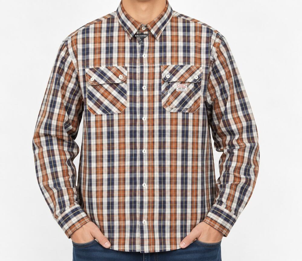 Rocawear Classic Shirt Mens 2XL Brown Blue Plaid Nostrand Ave Work Shirt Pockets